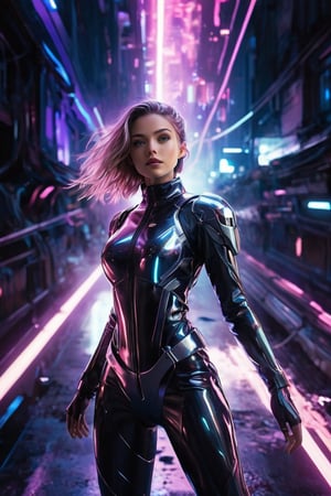 a high-resolution image that captures the essence of a charming character in a futuristic setting. she is wearing metal suit and helmet,The character is poised energetically, with flowing garments motion. Incorporate a vivid color scheme with pink, and reflective silvers, reminiscent of nightcore aesthetics. Use dramatic backlighting to emulate a neon glow, contrasting with the darker hues of a cosmic backdrop , she is bright , The image should mimic the depth of field and clarity with sharp focus on the character and a blurred background. Add realistic textures to the character's clothing and hair, and include a visible light source in their hands, producing a gleaming, otherworldly effect. Ensure the overall composition resembles a candid snapshot, capturing a spontaneous moment of action in a surreal, sci-fi universe, Her eyes are purple, her entire body, she is making a gesture of reaching out for something above, a leaping pose, she is gazing at something above., GoPro HERO10 Black, Cinestill 800T, cyberpunk, a cinematic scene, 