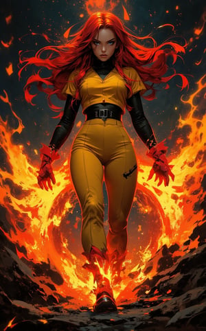 A full shot of a striking female character from a cyberpunk video game setting, radiating futuristic and edgy vibes. In the style of a Marvel comic, A young woman with spreading red fiery hair and blue eyes, she is wearing a yellow, one-piece jumpsuit, bold design clothing. She wears red gloves and boots, flaired at the ends with a jagged layer of orange, resembling flame. She is surrounded by flames and sparkles, creating an intense and fiery atmosphere. The flames around her dance wildly, illuminating her determined expression as she stands in control of the destructive energy. the powerful blaze enveloping the scene. The background could be a dark urban setting or a barren landscape, adding to the dramatic and powerful effect,by Jim Lee, fantasy art, fantasy concept art, epic fantasy card game, full art illustration 