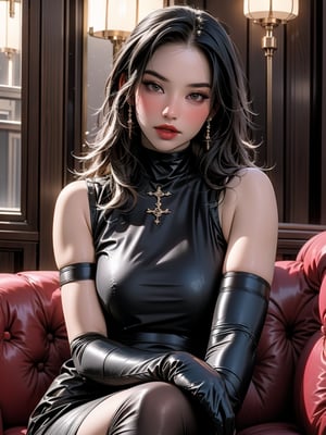 A modern photo of a 19-year-old Gothic anime woman, effortlessly seated in a cozy, dimly lit room filled with books and soft lighting. She is dressed in a chic black latex sweater with a high neck and intricate violet latex applique patterns, paired with platform sandals and black latex gloves and black latex stockings. Her dark, flowing hair contrasts with her pale complexion, and her deep red lips are accentuated by dark makeup. Holding a steaming cup of coffee, she gazes into the distance with an air of mystery and sophistication. This enchanting portrait exudes a sense of relaxation and tranquility, blending vibrant fashion elements with fantasy and cinematic flair.