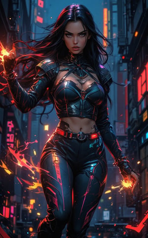 A full shot of a striking female character from a cyberpunk video game setting, radiating futuristic and edgy vibes. Sharp focus on her face with confident expression. The gorgeous strong warrior wears a radiant form-fitting outfit with glowing outer lines, gleam silver metal armor details adorned on the suit. Her left arm is extended, and she is leaping and moving swiftly. The fierce Sephardic female is casting powerful energetic auras, her raven-black hair flowing back like a wild mane in the wind. Her intense, piercing gaze locks onto the viewer, embodying an aura of strength and determined resolve.captivating hyper-maximalist portrait of a mysterious female sniper, enveloped in the shadows of a dark, futuristic cityscape. The enigmatic woman, with her piercing gaze and hint of fear, dons an otherworldly outfit that masterfully fuses human elements with iridescent female armor and bioluminescent features. Vibrant colors of red, blue, accents of yellow, and orange create a dazzling spectacle, further amplified by metallic accents and neon illumination. 