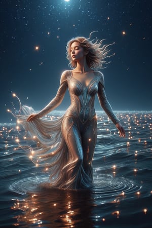 full body, ((masterpiece)), ((best quality)), (((photo Realistic))), A captivating, dreamlike rendition depicting a mesmerizing young woman dancing effortlessly on the water's surface at the ocean's edge. The water, masterfully rendered with a unique blend of glassy and fluid-like textures, creates an enchanting scene. The dancer is attired in a transparent breathtaking, vibrant ensemble that shimmers and glistens under the moon's gentle glow, accentuated by sparkling accessories. She is surrounded by a magical, star-studded night sky alive with glowing fireflies and floating musical notes, adding an extra layer of captivation to the atmosphere. The high dynamic range (HDR) and screen space ambient occlusion (SSAO) techniques employed by the artist contribute to the cinematic, surreal ambiance, transforming this work into a true masterpiece and a striking, painting, poster, conceptual art,mad-cyberspace