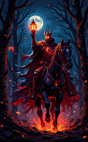 A mesmerizing anime movie still capturing a goth cyberpunk knight. On a Halloween night, the headless knight in fiery gloden-red armor on a black horse, he has no head and holds a glowing pumpkin lamp in his right hand, is riding swiftly through the woods. On a moonlit night, The image is photorealistic, detailed, and in a fantasy style. ,glowing,bright,luminous skin,glowing brightly,warm light,radiant,soft,glowing skin and vibrant, luminous features,glowing visual effects,glowing particles,neon