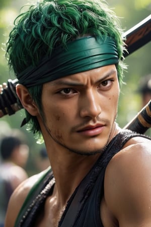 hyperrealistic, a masterpiece live-action movie poster. A breathtakingly realistic image of an aesthetically captivating, side-splitting masterpiece featuring zoro from One Piece, flaunting his extraordinary elasticity in an unparalleled and amusing way. Set in a whimsical, imaginative, and lively environment, the illustration should capture zoro with haki transformation as the legendary. Showcase his powerful tricky technique. Employ cutting-edge rendering