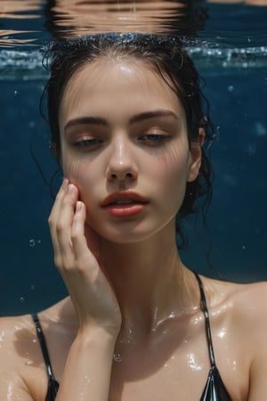 A young woman submerged in water, with her eyes closed and her hands gently placed on her face, wearing glossy black latex bikini. The water's surface creates a rippled effect, reflecting the woman's features. Many little bubbles can be seen around her, and her skin and latex clothing appear to be glistening, possibly due to the water's natural properties or the lighting. The background is a deep shade of blue, emphasizing the serene and tranquil atmosphere of the scene.