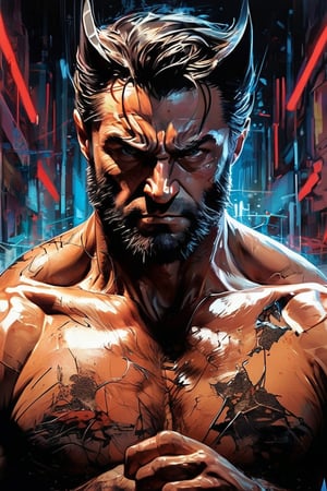 Hyper-realistic digital portrait of Logan, known as Wolverine, a brand new version superhero hybrid of venom,rendered with Dan Hipp's trademark blending of photo-realism and fantastical textures. Wolverine's grizzled face and muscular physique displayed with forensic detail, minor scars and bruises lending gritty verisimilitude. His adamantium claws extended in a combative stance, razor-sharp steel glinting under neon signs of a gritty alleyway. Subtle luminescent threads pulse through muscles and between armor plating like circuitry, smooth, sharp focus, art by Carne Griffiths and Wadim Kashin, unique design suit, award winning photography, masterpiece movie poster