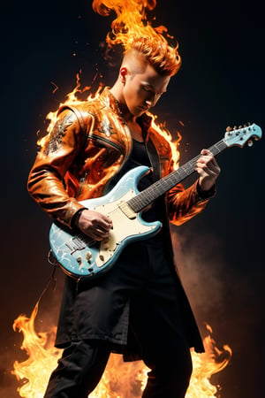 (8k, RAW photo, best quality, masterpiece:1.2), (realistic, photo-realistic:1.3). Human Torch（Marvel Comics) , playing electric guitar , smiling, extremely detailed guitar on fire, man humanoid with fine skin, muscular, whole body covered with a lot of fire spark, chest covered with armor, Albrecht Durer hands, on a stage doing a show, night, rock band in the background, perfect hands, perfect musical instruments, extremely detailed place, extremely detailed clothes, very realistic, low saturation, cool colors, fog, drama, UHD, 16k