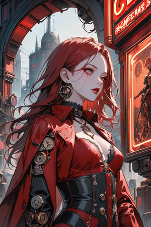 A stunning cinematic illustration of a steampunk vampire girl, with a blend of dieselpunk, cyberpunk, biopunk, and clockpunk elements. She is dressed in an intricate fusion of metal gears, clockwork mechanisms, and dark, gothic fashion. The vampire girl has long, flowing red hair and a captivating, mysterious expression. Her vampiric features are accentuated with dark makeup and an elegant, blood-red outfit. The background showcases a dystopian cityscape, reflecting the various punk genres with a mix of Victorian-era architecture, neon lights, and bio-mechanical structures. The artwork exudes a sense of style, drama, and dark romance., painting, cinematic, fashion, illustration, poster, anime