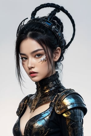 (8k, RAW photo, best quality, masterpiece:1.2), (realistic, photo-realistic:1.3). Renaissance princess with cyberpunk elements, full body stance combines historical and futuristic aesthetics, costume merges line art elegance with watercolor vibrancy, dominant black and gold colors, inspired by Carne Griffiths, Vadim Kashim, Carl Larsson, Greg Rutkowski's intricate detail, Artgerm's stylish touch, evoking H.R. Giger's ominous ambiance, Beksinski's complex design, wide shot composition, crisp focus, seamless transition between hues, digital painting, ultra-realistic