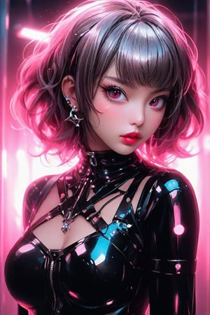 hyperrealistic, a masterpiece, (1girl), (full body), (futuristic sci-fi glassy transparent bodysuit with hollow crop cut), Beautiful young Korean woman, kpop idol, (Cute Loose Bob hairstyle), symmetrical eyes, realistic, sharp focus, HD, highly detailed, intricate, photography, hyperrealism, hyperrealistic, film, studio portrait, detail, dramatic lighting, (red lips), (small breasts), (toned stomach), smooth, sharp focus, art by Carne Griffiths and Wadim Kashin, unique design suit, award winning photography, masterpiece movie poster