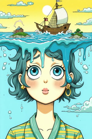 A whimsical and enchanting illustration of a woman with a large, blue, and yellow headpiece that appears to be a melting sea or sky with a small ship and islands on it. The woman's eyes are large and blue, and her expression is calm and thoughtful. The woman's headpiece could represent her thoughts and dream.