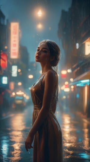 A captivating fantasy portrait of a stunning powerful young goddess in the mesmerizing scene of a rainy night, showcasing a beautiful, water-based female silhouette gracefully enjoying the rain. Her outstretched arms seem to embrace the raindrops, creating a serene and mystical atmosphere. The wet, dimly lit streets are shrouded in a mysterious and eerie ambiance, with the shimmering raindrops forming her silhouette casting a mesmerizing glow. The overall composition of this scene evokes a sense of ethereal beauty and tranquility amidst the rain-soaked environment.