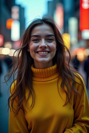 Ultra-realistic portrait photo, 21-year-old fashionista, gentle geometric pose, joyful expression, flowing hair, vibrant lights street, Matrix-inspired urban environment, stylish yellow sweater-coat, Acne Studios winter 2047 collection, random colors, navy and yellow tones, intricate details, dynamic shadows, futuristic cityscape, Canon EOS R5, 50mm f/1.2 lens