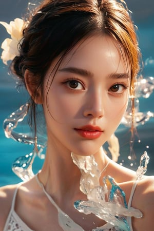 ((masterpiece)), ((best quality)), (((photo Realistic))), (portrait photo), (8k, RAW photo, best quality, masterpiece:1.2), (realistic, photo-realistic:1.3). medium close-up shot of a cheerful beautiful girl, dancing, drkms, on thin Ice, drkms, water-bender, splashes, charybdis, sharp focus, intricate detail, kris kuksi, natural beauty 