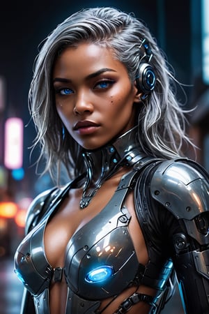 ((masterpiece)), ((best quality)), (((photo Realistic))), (portrait photo), (8k, RAW photo, best quality, masterpiece:1.2), (realistic, photo-realistic:1.3). A striking image of a cyberpunk protagonist, a gorgeous sexy black woman with grey hair and robotic eyes, dressed in a sharp glass suit. Her cybernetic eyes emit a cool blue light that contrasts with the dimly lit, neon-lit cityscape. Hovering vehicles and futuristic architecture fill the background, while a holographic The overall atmosphere is bold, futuristic, and slightly dystopian.,Cyberpunk Doctor,digitalste,Cyberpunk Clothing,cyberpunk