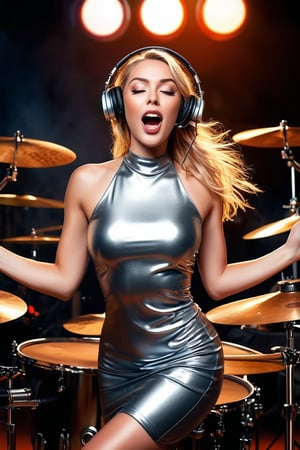 ((masterpiece)), ((best quality)), (((photo Realistic))), (portrait photo), (8k, RAW photo, best quality, masterpiece:1.2), (realistic, photo-realistic:1.3). a beautiful woman, wearing a silver rubber dress with orange accents, wearing a headset, blonde hair, with a face full of expression, a little shouting loudly, and her eyes closed, was enthusiastically beating the drum surrounded by various drums and cymbals with two drum sticks, so thatthere is a dust splash effect with every blow and a vibration effect. large concert screen background, and lighting, hyper realistic, 