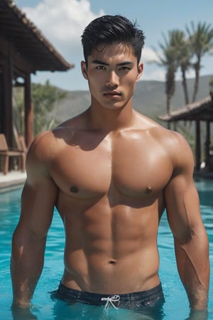 ultra-photorealistic, surreal, (masterpiece). A realistic photo of an attractive tan Korean-Latino fit muscles man, with thick beautiful dark eyebrows, strong facial, he has a short fade haircut, light grey eyes, an adorable man at its center, exiting a magical pool of crystal waters with blue fluorescent liquids. He is wearing tight swimming briefs. Six pack muscles, six-pack strong abs. The image reads a dark and intriguing scene. Sanskrit runes are flowing in the air glowing. Sanskrit scripture tattoos. Short hair, textured wet skin.