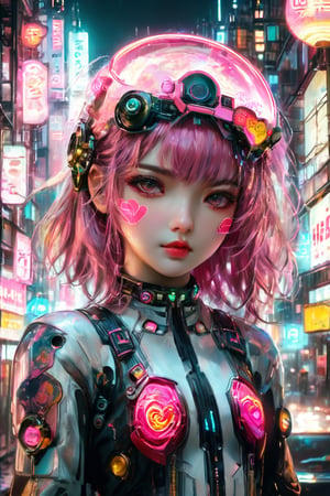 ((masterpiece)), ((best quality)), (((photo Realistic))), (portrait photo), (8k, RAW photo, best quality, masterpiece:1.2), (realistic, photo-realistic:1.3),A captivating cyberpunk-inspired manga illustration targeted at girls, featuring a cute, pink-haired protagonist. She is dressed in a trendy, futuristic outfit with a rose-tinted helmet and adorned with neon heart-shaped accessories. The protagonist holds a milkshake, with its vibrant colors and toppings reflecting the neon theme. The background is a bustling cityscape with towering buildings, holographic advertisements, and a futuristic pink neon sign.