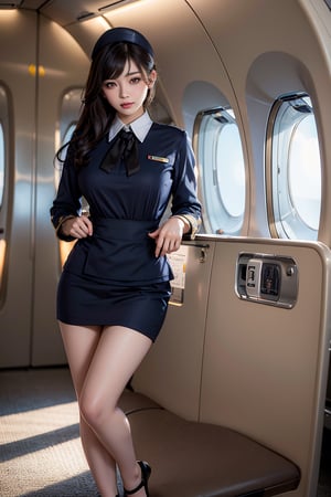 (masterpiece, top quality, best quality, official art, beautiful and aesthetic:1.4), hdr, high contrast, wideshot, 1girl, bun black hair with bangs, light smile, clearly brown eyes, soft lightly makeup, ombre lips, hourglass body, slender fit figure, large breast, (stewardess theme:1.5), finger detailed, background detailed, ambient lighting, extreme detailed, cinematic shot, realistic ilustration, (soothing tones:1.3), (hyperdetailed:1.2), crop mini skirt, very seductive uniform, curvy pose, lean forthward
,Squatting 