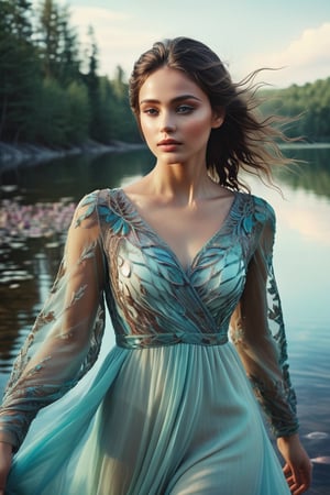 ((masterpiece)), ((best quality)), (((photo Realistic))), A mesmerizing high-resolution photograph of a seductive young girl walking on a serene lake, showcasing the perfect blend of nature, fashion, and artistry. The woman is dressed in an exquisite floor-length dress with soft pastel colors, harmonizing flawlessly with the lake's hues and submerged rocks. The dress appears to dance with the gentle ripples, creating an illusion of a seamless connection between the woman and her enchanting surroundings. The background features intricate, swirling zentangle patterns, adding depth and texture to the scene. The overall atmosphere is dreamy and mystical, immersing the viewer in a world where beauty, style, and nature are intertwined in perfect harmony. The woman's enigmatic aura and captivating eyes draw the viewer into her otherworldly realm, inviting them to embark on a journey through the fusion of fashion and nature, ,xxmix_girl,cinematic style