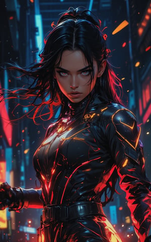 A full shot of a striking female character from a cyberpunk video game setting, radiating futuristic and edgy vibes. Sharp focus on her face with confident expression. The gorgeous strong warrior wears a radiant form-fitting outfit with glowing outer lines, gleam silver metal armor details adorned on the suit. Her left arm is extended, and she is leaping and moving swiftly. The fierce Sephardic female is casting powerful energetic auras, her raven-black hair flowing back like a wild mane in the wind. Her intense, piercing gaze locks onto the viewer, embodying an aura of strength and determined resolve.captivating hyper-maximalist portrait of a mysterious female sniper, enveloped in the shadows of a dark, futuristic cityscape. The enigmatic woman, with her piercing gaze and hint of fear, dons an otherworldly outfit that masterfully fuses human elements with iridescent female armor and bioluminescent features. Vibrant colors of red, blue, accents of yellow, and orange create a dazzling spectacle, further amplified by metallic accents and neon illumination. 