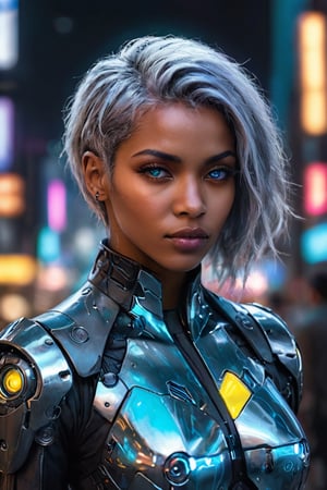 ((masterpiece)), ((best quality)), (((photo Realistic))), (portrait photo), (8k, RAW photo, best quality, masterpiece:1.2), (realistic, photo-realistic:1.3). A striking image of a cyberpunk protagonist, a gorgeous black woman with grey hair and robotic eyes, dressed in a sharp suit. His cybernetic eyes emit a cool blue light that contrasts with the dimly lit, neon-lit cityscape. Hovering vehicles and futuristic architecture fill the background, while a holographic 'Hal Cinah' signature is subtly integrated into the scene, hovering above his head. The overall atmosphere is bold, futuristic, and slightly dystopian.
