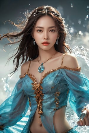 ((masterpiece)), ((best quality)), (((photo Realistic))), (portrait photo), (8k, RAW photo, best quality, masterpiece:1.2), (realistic, photo-realistic:1.3). medium close-up shot of a cheerful beautiful girl, dancing with watering dress, drkms, on thin Ice, drkms, water-bender, splashes, charybdis, sharp focus, intricate detail, kris kuksi,natural beauty 