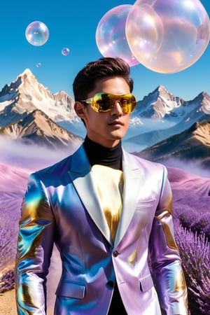 A handsome fit young man in a unique suit, made of iridescent feathers, floats in a sky filled with lavender hues. He wears a golden mask that shines with sweet and soft light, reflecting the beauty of the sky. Giant bubbles, filled with dreams and magical landscapes, float around, showing images of crystal trees and mountains made of cotton candy. The atmosphere is ethereal and magical, full of awe and wonder, giving the feeling of being in a place outside of time and space.,Handsome boy,Muscle,powerdef