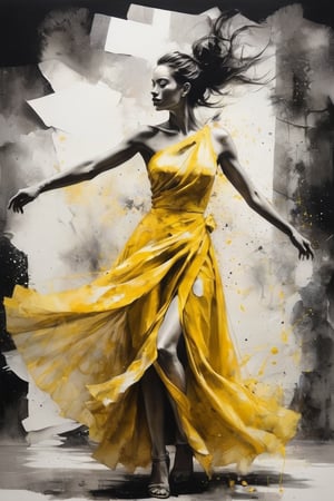 hyperrealistic art style, a masterpiece painting on torn paper. A mesmerizing ink wash painting featuring a gorgeous woman wearing a yellow dress, in the style of joram roukes, dance while head backward, neil gaiman, graceful movements, stanley pinker, made of glass, disintegrated, heavy brush stroke, very detailed background. 