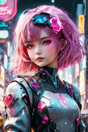 ((masterpiece)), ((best quality)), (((photo Realistic))), (portrait photo), (8k, RAW photo, best quality, masterpiece:1.2), (realistic, photo-realistic:1.3),A captivating cyberpunk-inspired manga illustration targeted at girls, featuring a cute, pink-haired protagonist. She is dressed in a trendy, futuristic outfit with a rose-tinted helmet and adorned with neon heart-shaped accessories. The protagonist holds a milkshake, with its vibrant colors and toppings reflecting the neon theme. The background is a bustling cityscape with towering buildings, holographic advertisements, and a futuristic pink neon sign.