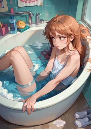 (Best quality, 8k, 32k, raw photo, photorealistic, UHD:1.2), A comical style view of a regular household bathtub, where both a shark and a young pretty girl nami from onepiece with a surfboard are comically poking out of the soapy water. The shark’s head and dorsal fin emerge from the left side, while on the right the woman with her surfboard as he awkwardly protrudes from the foamy overflowing bath. Steam rises around them, giving the small bathroom a foggy, surreal atmosphere. The absurdity of both figures trying to fit in a normal bathtub adds a playful humor to the scene.,score_9,score_8_up,score_7_up,source_anime,score_9, score_8_up, score_7_up,source_anime,BREAK,