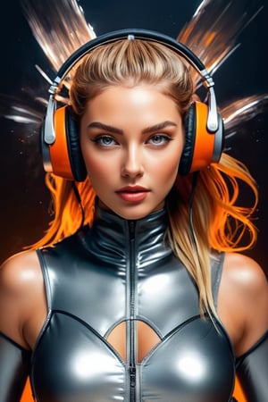 ((masterpiece)), ((best quality)), (((photo Realistic))), (portrait photo), (8k, RAW photo, best quality, masterpiece:1.2), (realistic, photo-realistic:1.3). a beautiful woman, wearing a silver rubber dress with orange accents, wearing a headset, blonde hair, with a face full of expression, a little shouting loudly, and her eyes closed, was enthusiastically beating the drum surrounded by various drums and cymbals with two drum sticks, so thatthere is a dust splash effect with every blow and a vibration effect. large concert screen background, and lighting, hyper realistic, 