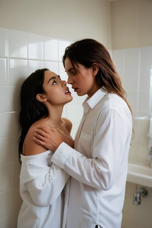 A tender and intimate photograph of a young fit woman, wearing only wet white oversized men's dress shirt, standing in a bathroom with an air of vulnerability. She revealed both modesty and surprise. Two onlookers, sharing identical expressions of astonishment, intrude upon the scene from the front. The playful, unexpected atmosphere is accentuated by the soft, sensual lighting, which envelops the scene and invites the viewer's interpretation. The composition captures the essence of unguarded encounters, stirring the viewer's emotions and igniting their imagination.