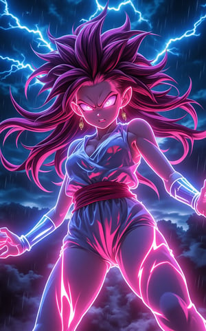 Kyoto animation anime style. A captivating attractive woman with exceptionally long hair. Glowing neon outline body, a gorgeous strong girl in super saiyan form. She is casting a powerful tricky effect. The battle cry echoes through the stormy night, with thunder and rain adding to the intensity of this 8k resolution image.