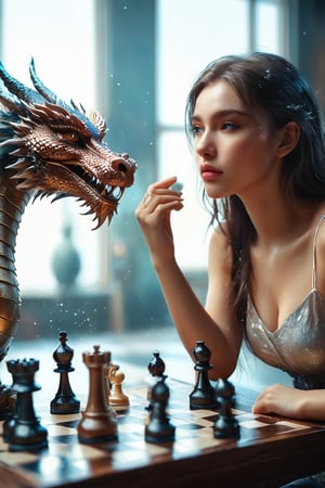 ((masterpiece)), ((best quality)), (((photo Realistic))), expressionism, realism with overdrive, a pretty girl playing chess with the dragon, artistic water drops, dynamic pose, tenderness, full-color palette, octane rendering, soft natural volumetric light, bioluminescence atmospheric, sharp focus, centered composition, professional photography, complex background, soft haze, masterpiece. animalistic, beautiful, fine details, 16k,concept art