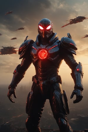A captivating and powerful movie poster of a dark-armored hero, reminiscent of a futuristic ypung Spider-Man, standing against a dramatic, cloudy, and fiery sky. The gorgeous powerful hero, with glowing eyes and a chest emblem, wears a sleek, advanced neon armor adorned with sharp, angular designs that highlight the sci-fi aesthetic. Wielding a vibrant red lightsaber, the unique hero seamlessly blends science fiction and fantasy in this intense and action-packed scene. The background showcases a dystopian world with war machinery, including a car and plane, engulfed in flames. Hans Darias AI has masterfully crafted this visually striking masterpiece, encapsulating the essence of heroism and power in a chaotic, post-apocalyptic landscape.,Movie Still,LegendDarkFantasy,ruanyi0141,Expressiveh,neon