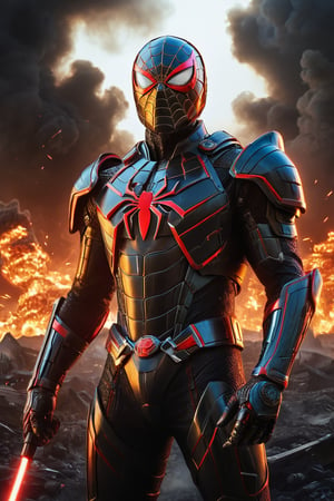 A captivating and powerful movie poster of a dark-armored hero, reminiscent of a futuristic ypung Spider-Man, standing against a dramatic, cloudy, and fiery sky. The gorgeous powerful hero, with glowing eyes and a chest emblem, wears a sleek, advanced neon armor adorned with sharp, angular designs that highlight the sci-fi aesthetic. Wielding a vibrant red lightsaber, the unique hero seamlessly blends science fiction and fantasy in this intense and action-packed scene. The background showcases a dystopian world with war machinery, including a car and plane, engulfed in flames. Hans Darias AI has masterfully crafted this visually striking masterpiece, encapsulating the essence of heroism and power in a chaotic, post-apocalyptic landscape.,Movie Still,LegendDarkFantasy,ruanyi0141