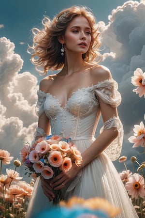 full body:1.2, ((masterpiece)), ((best quality)), (((photo Realistic))), A captivating image featuring an enchanting, ethereal young lustful woman in a breathtaking white wedding dress. She is gracefully floating among fluffy clouds while holding a delicate bouquet of anemones. She has beautiful symmetrical eyes. Her shy, yet radiant smile conveys an air of happiness and mystery, blending elements of cinematic movie scene. create a dreamlike atmosphere that envelops the viewer in this magical moment,cinematic style
