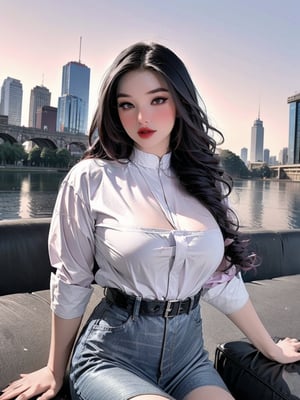 lustful, thigh up body, 1girl, ((masterpiece)), ((best quality)), (((photo Realistic))), A stunning, super-realistic 3D render of a young, twenty-year-old woman with violet hair, dark mascara, and pink lipstick. She wears a casual outfit of a white shirt and jeans, holding a sketchbook filled with names, hinting at her artistic or architectural talents. The background features a breathtaking city skyline, bathed in the warm hues of a vibrant sunset. This highly detailed 8K quality 3D image captures the essence of a cinematic, photo-like scene in the heart of the city.