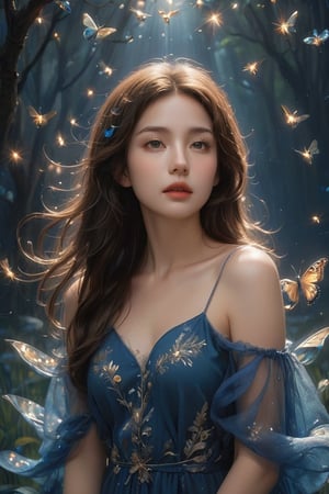 The young alluring lighting goddess. A digital masterpiece image, featuring a woman in a deep blue background, enveloped in a swarm of bright fireflies that illuminate the darkness with flashes of light. With her soft, wavy brown hair, the woman exudes an aura of tranquility and serenity. Her dress appears as an ethereal cloak of light that blends with the glow of the fireflies, while the winged creatures flutter around her, creating a magical and captivating effect. The harmony of deep blue tones and the soft radiance of the fireflies establishes an enchanting atmosphere that captures the audience's attention and imagination.,xxmix_girl