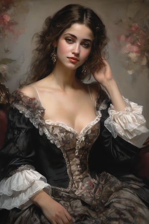((masterpiece)), ((best quality)), (((photo Realistic))), NSFW, baroque style drawing art, upper body view of beautiful adult french woman, wearing open low cut victorian era dress, sexy legs, detailed clothing, muted colors, shy smile on perfect face, small breasts, perfect nipples, perfect hands, medium big breasts, pretty boobs, ,dripping paint,epicDiP