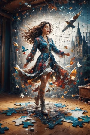hyperrealistic, best quality, masterpiece, analog film photo, studio lighting. A commercial photography of a hyper-realistic digital artwork featuring a female model composed of puzzle pieces. The right side of her figure is artistically depicted as being blown away, scattering into the air. Her expression is serene, contrasting with the dynamic disassembly of her form. The pieces are finely detailed, each reflecting light uniquely, adding a sense of depth and complexity to the image. The color scheme of the artwork is subtle, with natural tones that emphasize the surreal yet delicate nature of the scene. 