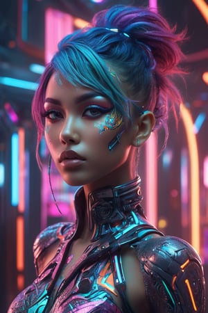 A captivating conceptual art piece featuring a hybrid-colored, futuristic young lady with a wild and alluring style. The gorgeous character is adorned in an intricate and vibrant body art design, which is accentuated by the high-quality 3D render and HDR lighting. The overall aesthetic is a blend of cyberpunk and avant-garde, with a touch of surrealism, creating a striking visual experience.