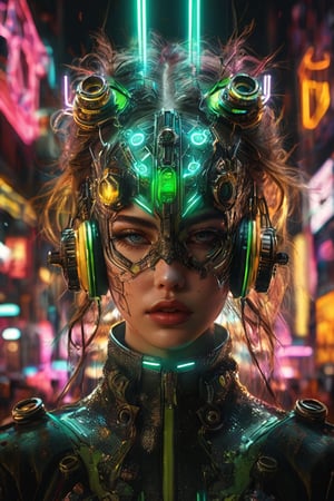 ((masterpiece)), ((best quality)), (((photo Realistic))), (8k, RAW photo, best quality, masterpiece:1.2), (minimalist). A mesmerizing image of a cyberpunk anarchist clad in high-tech gear. The strong anarchist's outfit features rough, jagged, and heavily scarred designs that emit a wild, pulsating glow, with each element illuminated by intense, chaotic hues of neon green and yellow. The gear seamlessly blends 3D rendering, illustration, and vibrant colors, creating a fierce and frenetic dance of light. The background is filled with abstract shapes, jagged lines, and chaotic splashes, adding to the dynamic and rebellious atmosphere. The pristine white background contrasts sharply with the bold and striking colors, highlighting the anarchist's formidable presence in the neon-lit urban chaos.