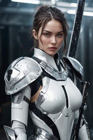 hyperrealistic, a masterpiece, gorgeous strong caucasian female fighter, wet skin, Beautiful female in futuristic attire holding a large gleam rune sword, chopping forward in the style of movie still, snapshot realism, platinum metal and white armor suit, chinapunk, cyberpunk realism,