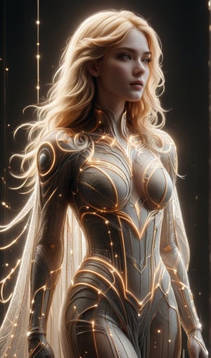 A futuristic young alluring woman with long golden hair. "The Luminous Wireframe Sorceress" is an impressive and evocative digital artwork, featuring a luminous sorceress adorned with a dress and cape made of mesh wireframe in bright white strands. The lines, an intricate web of shining white strands, intertwine forming ethereal geometric patterns that glow and radiate intensely under the light. The piece masterfully combines digital rendering with portrait photography, immersing the viewer in a hypnotic and magical visual experience. The striking contrast between the white wireframe strands and the dark, mysterious background of a nebulous landscape creates a charming atmosphere that leaves a lasting impression. ,mad-cyberspace