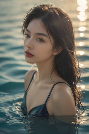 a young woman in glossy swimsuit in the water, vogue magazine photography, elegant, intricate, very inspirational, stunning, highly detailed, complex, sharp focus, great composition, cinematic, modern fine classic, volumetric lighting,