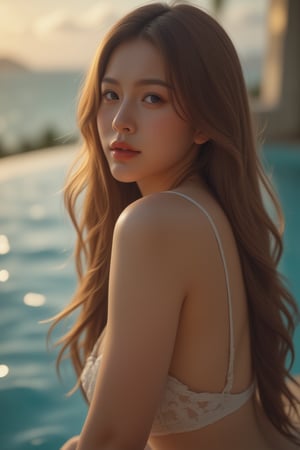 An alluring photograph of a 19-year-old Caucasian-Latina woman with long golden-brown hair, styled in loose waves. She is wearing a delicate stylized bikini set, lying on a lounge chair in front of a swimming pool by the ocean. Her body is slightly arched, and she looks over her shoulder with a smoldering gaze, the glittering sin glow of the fire reflecting off her smooth fair skin.