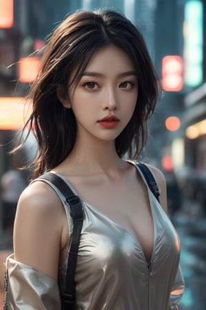 hyperrealistic, a masterpiece shot, (((gorgeous young woman))), full body lean forward, Gumiho, ((masterpiece)), ((best quality)), (((photo Realistic))), extremely detailed cg 8k wallpaper, Japanese female android in dystopian hybrid futuristic attire on a desolate street, beautiful eyes, slight smiling, space tech suit, overcast, an alien beast in the ruins background, cinematic, 32k.