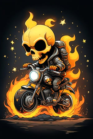 A whimsical art design. A stylized cartoon character, a small, adorable humanoid figure with a skull head, riding a miniature motorcycle. The skull head is oversized, with smooth, rounded features, large black eye sockets and a cute expression. The character has tiny, simplified limbs. The motorcycle is a chibi-style design, with exaggerated proportions, such as large, round headlights and chunky wheels. The bike emits a surreal, glowing aura, mainly in bright orange and yellow hues, resembling flames, which trail behind as if it’s moving fast. The background is dark, nearly black, with stars, creating a stark contrast that highlights the glowing flames and the motorcycle. 