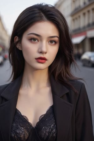 A captivating high-end fashion portrait, showcasing a 20-year-old French woman with an alluring and voluptuous figure on the busy street. She wears an oversized black coat babydoll with red lacy thongs underneath, exuding grace and elegance. Her dark hair is styled in an updo, complementing her plunging neckline. The background is minimalistic, allowing the viewer to focus on the polished fashion and the model's magnetic presence., fashion, photo, cinematic,mad-cyberspace,coocolor,Sexy Saree